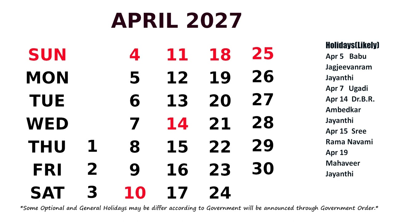 April Calendar 2027