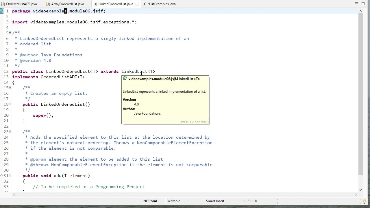 Implementing an Ordered List in Java (Java Foundations / jsjf)