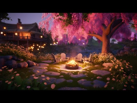 Cozy Spring Night Ambience with Campfire - Fireplace Sounds - Sleep Ambience