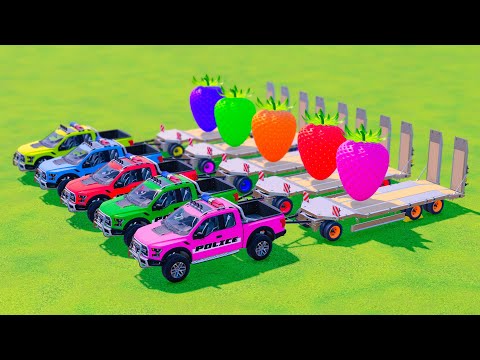 TRANSPORTING ALL POLICE CARS & TRAILER WITH COLORED STRAWBERRY! Farming Simulator 22
