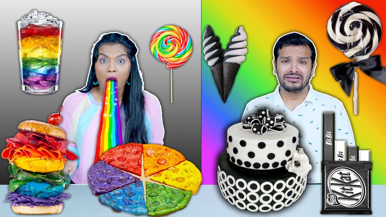 Rainbow Food Vs Black & White Food Challenge | Hungry Birds