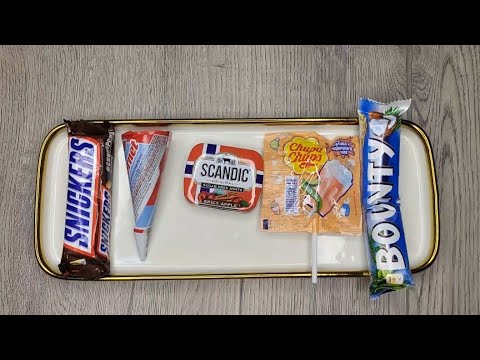 ASMR Snickers, Cornetto, candy tablets, Chupa Chups, and Bounty.