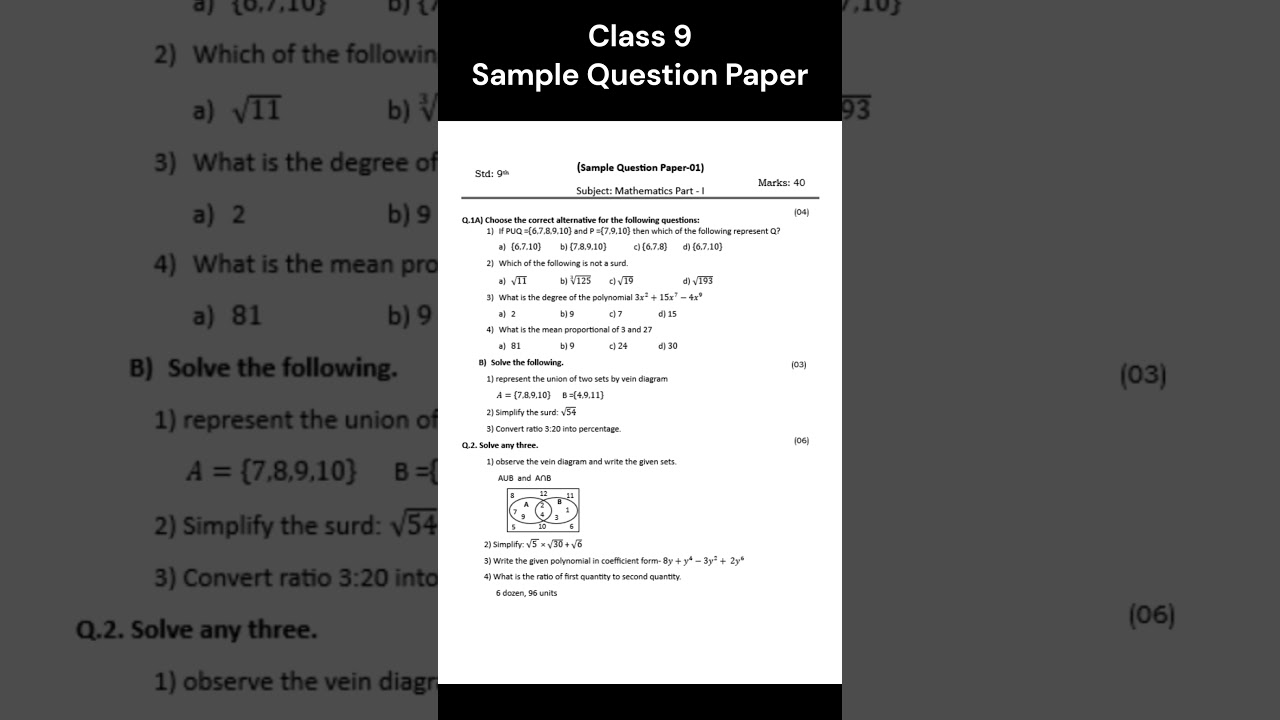 Class 9 Maths Part 1 Sample Question Paper Term 1 | Sample Question Paper with solution 9th standard