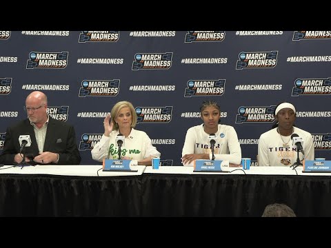 Kim Mulkey, Angel Reese, and Flau'jae Johnson after LSU's 73-70 win over Hawaii