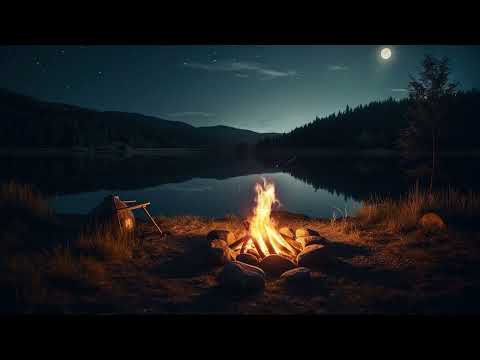 Cozy Moment at Night Ambience with Crackling Campfire on Lakeside | Nature Sounds to Relaxation