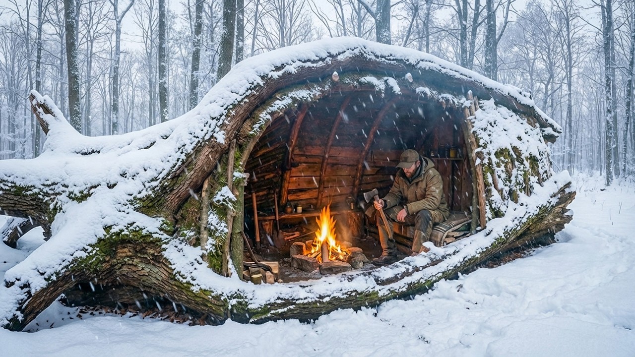 Winter Overnight Stay in a Warm and Cozy Survival Den. Clay oven, Catch and Cook, Bushcraft