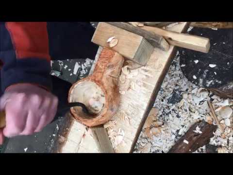 Kuksa carving. Hollowing the bowl of a large sized wooden cup. 475ml capacity. Video