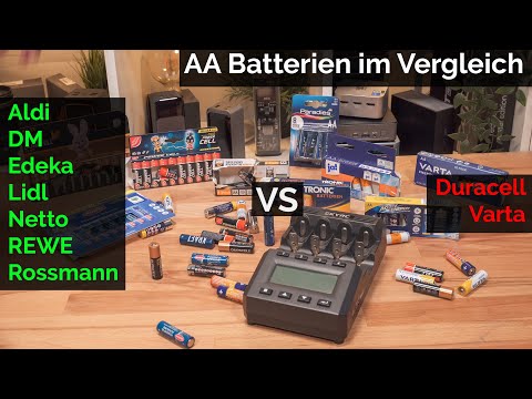 AA batteries from 7 discounters compared: Aldi, Lidl, Edeka, DM, Rossmann, and others.
