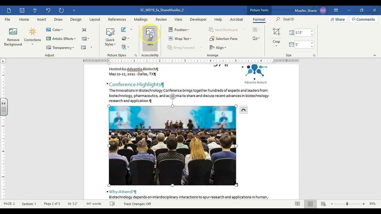 Word-Module 3: SAM Project 3a (Advantia Biotech)