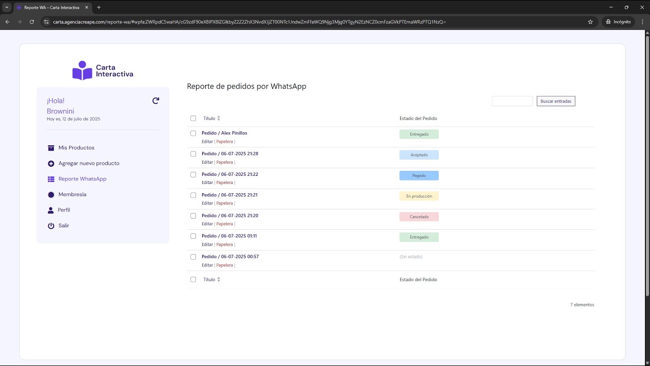 Gestionar pedidos por WhatsApp / Carta Interactiva
