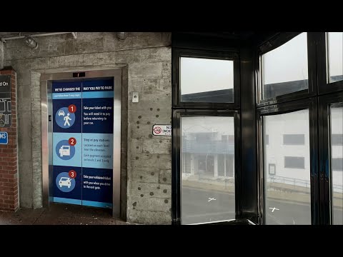 BUSY Scenic Montgomery (mod. Otis) Hydraulic Elevators @ Cannery Row Garage, Monterey, CA