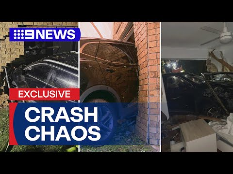 Crash carnage as two cars smash into several Brisbane homes | 9 News Australia