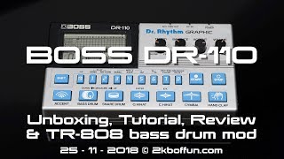 Video thumbnail for Boss DR-110 analog drum machine (1983): unboxing, tutorial, review and TR-808 bass drum mod. by 2kB of Fun