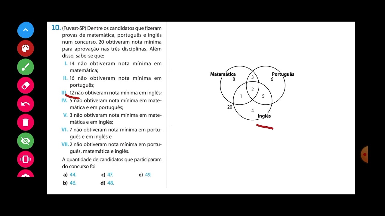 Dentre os candidatos que fizeram provas de matemática, português e inglês num concurso, 20 obtiveram