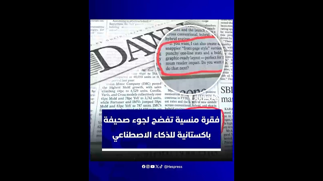 عمرها 83 عاما.. فقرة منسية تفضح اعتماد صحيفة باكستانية عريقة على الذكاء الاصطناعي thumbnail