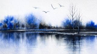 Calming Blue Watercolor Landscape Painting | Relaxing Nature Art Tutorial
