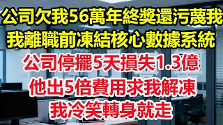 公司欠我 56 萬年終獎還污蔑我，我離職前凍結核心數據系統，公司停擺5天損失1.3億，他出5倍費用求我解凍，我冷笑轉身就走！#情感 #爽文 #職場 #生活 #總裁