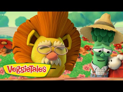 Two VeggieTales characters in a colorful garden: a yellow, bearded figure with orange hair and glasses beside a green stalk wearing a straw hat, with a bright flower backdrop and VeggieTales logo.