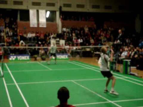 Emil Holst 15 years old. vs. Peter Gade show match in Solrød Badminton Club.