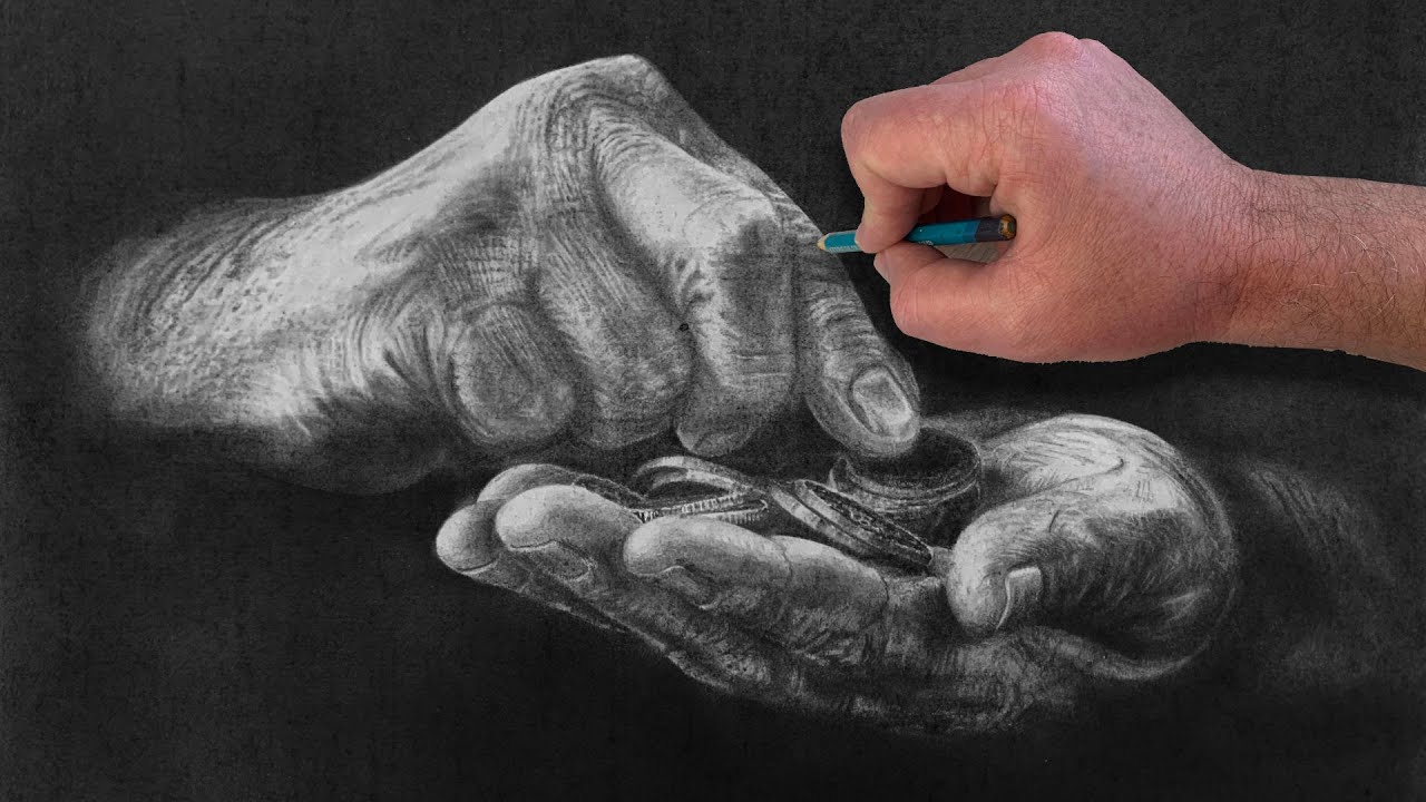 Pencil Drawing Timelapse Hands with Coins Hyper Realistic Sketch