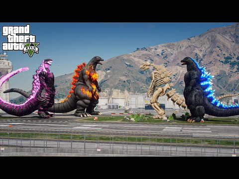 Shin Godzilla, Burning Godzilla vs Heisei Godzilla, Skeleton Godzilla - Epic Fight ( GTA V Mods )