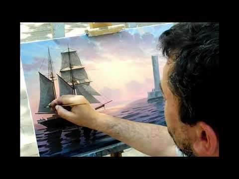 Морской пейзаж с парусником маслом с озвучкой Timelapse oilcolorpainting seascapepainting