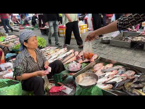 Massive Food market in Phnom Penh City, Cambodia - Looking Fresh Fish, Vegetables, Fruits & More 