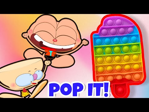 Capa de Mongo e Drongo e o Pop It! Desenho animado com Mongo e Drongo e sua turma brincando com Fidget Popit