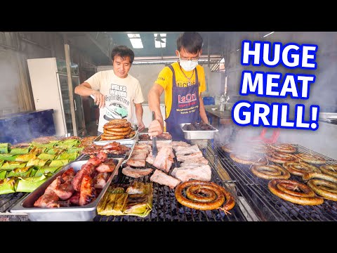 Thai Street Food - HUGE MEAT BBQ!! Sausage Coils + Curry Noodles in Mae Sariang, Thailand!