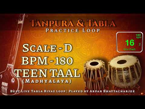 TeenTaal (180 BPM) | Scale D Tanpura & Tabla | Madhyalaya | Practice Loop