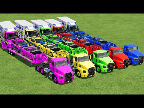 TRANSPORTING DODGE POLICE, DACIA LOGAN & MERCEDES AMBULANCE WITH MACK TRUCKS!  Farming Simulator 22
