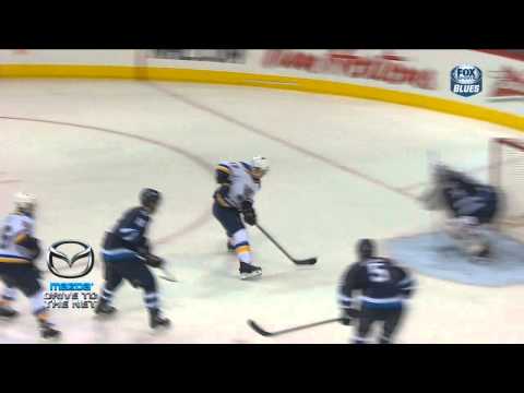 Ondrej Pavelec robs Jaden Schwartz in 3rd. St. Louis Blues vs Winnipeg Jets Mar 19 2015 NHL