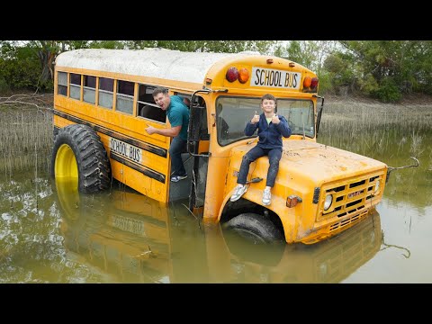 Monster Truck School Bus is Stuck in a Swamp