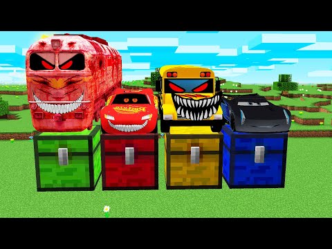 What INSIDE CHESTS SCARY METRO TRAIN and MCQUEEN EXE and SCHOOL BUS and Jackson Storm in Minecraft