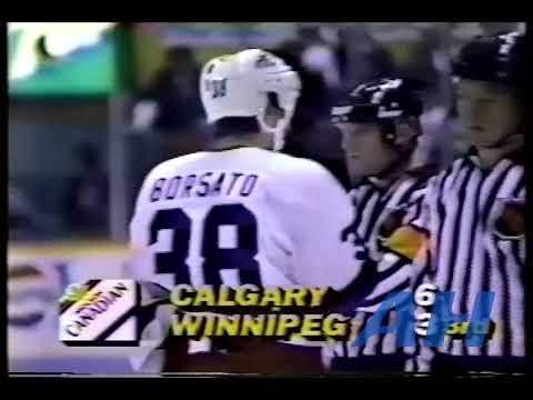 NHL Nov. 1, 1991 Luciano Borsato,WPG v Doug Gilmour,CGY (hit) Winnipeg Jets Calgary Flames