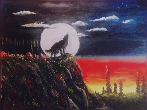 How to paint /WOLF HOWLING AT THE MOON/ Landscape Acrylic painting step by step