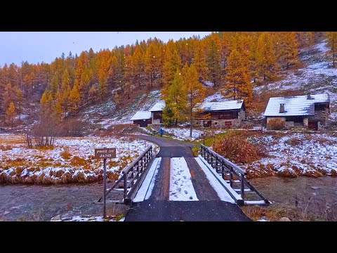 Relaxing Scenic Drive in the French Alps 4K | Vibrant Autumn Colors &  Snowfall (Car Sounds Only)