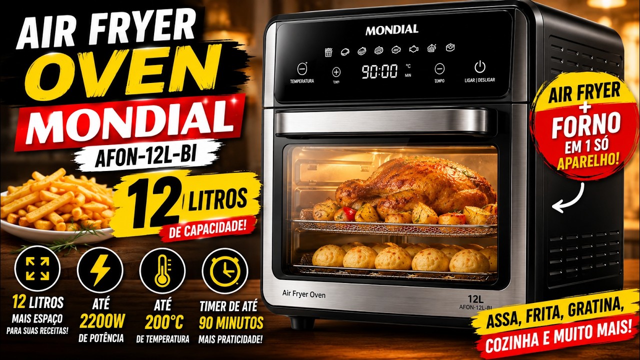 Miniatura da avaliação em vídeo de Fritadeira Air Fryer Mondial AFON-12L 12L 2200W