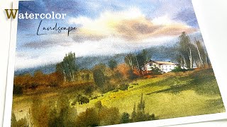 Tranquil Watercolor Landscape: Blue Skies Over Grassy Fields and House