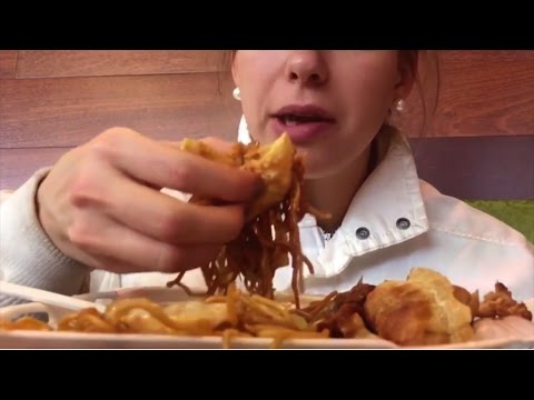 MUKBANG - Mall Food / Chinese Wok - Lo Mein, Egg Roll, Cheese Wonton, Dumplings, Bourbon Chicken
