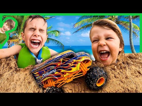 MONSTER TRUCKS AND SAND CASTLES AT THE BEACH!