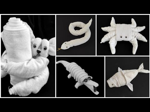 5 ideas of towel folding origami, Crocodile, Shark, Crab, Snake, Koala