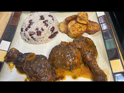 Jamaican🇯🇲 Brown Stew Chicken, Rice n Peas and Cinnamon Baked Plantains