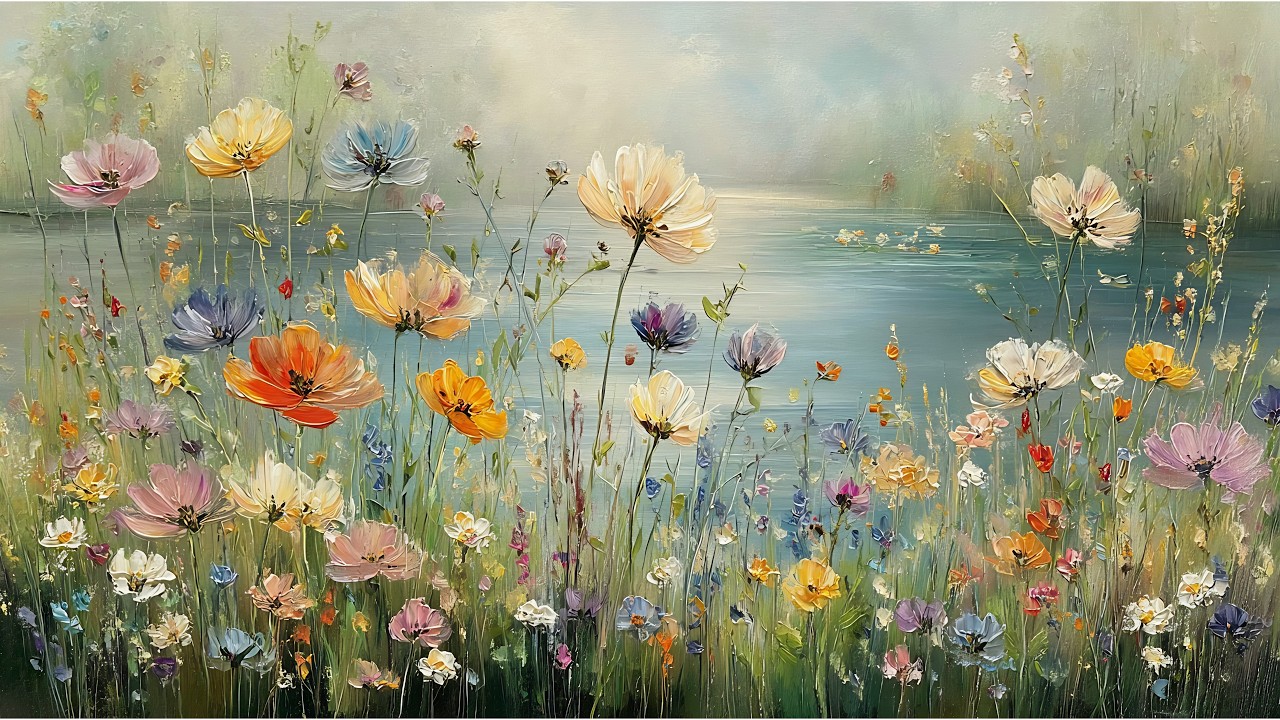 Serene Pastel Wildflower Lake TV Art for Samsung Frame TV | Floral Landscape Wall Decor Display