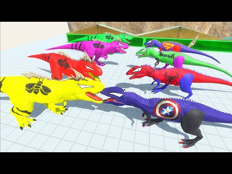 4x BUMBLEBEE T-REX vs 4x TEAM MARVEL DC CARCHAR DEATH RUN - Animal Revolt Battle Simulator