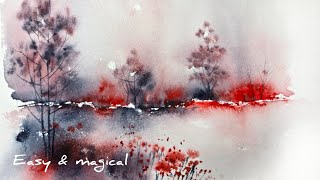 "Misty Red Landscape in Watercolor | Easy Loose Technique (So Relaxing!)"