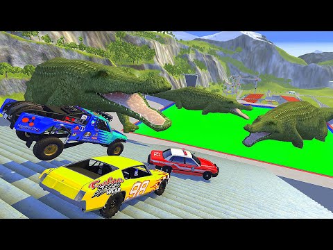 Stairs Jumps Down In Green Slime Pool With Crocodiles - BeamNG.drive Down Stairs Jumps In Slime Pool