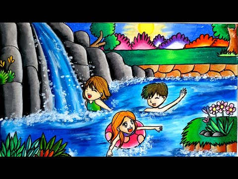 cara gradasi warna menggunakan oil pastel / drawing Waterfall