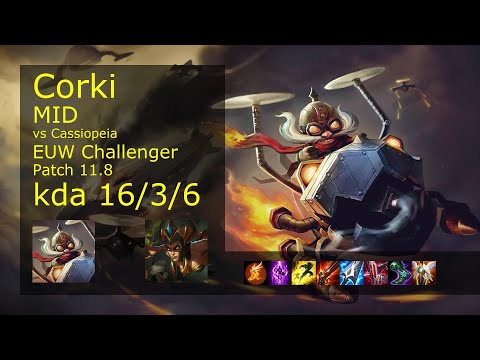 Corki vs Cassiopeia Mid - EUW Challenger 16/3/6 Patch 11.8 Gameplay