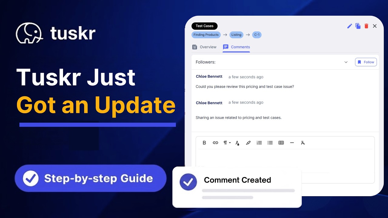 Tuskr test management platform video preview showing QA workflow, test cases, dashboards, and reporting